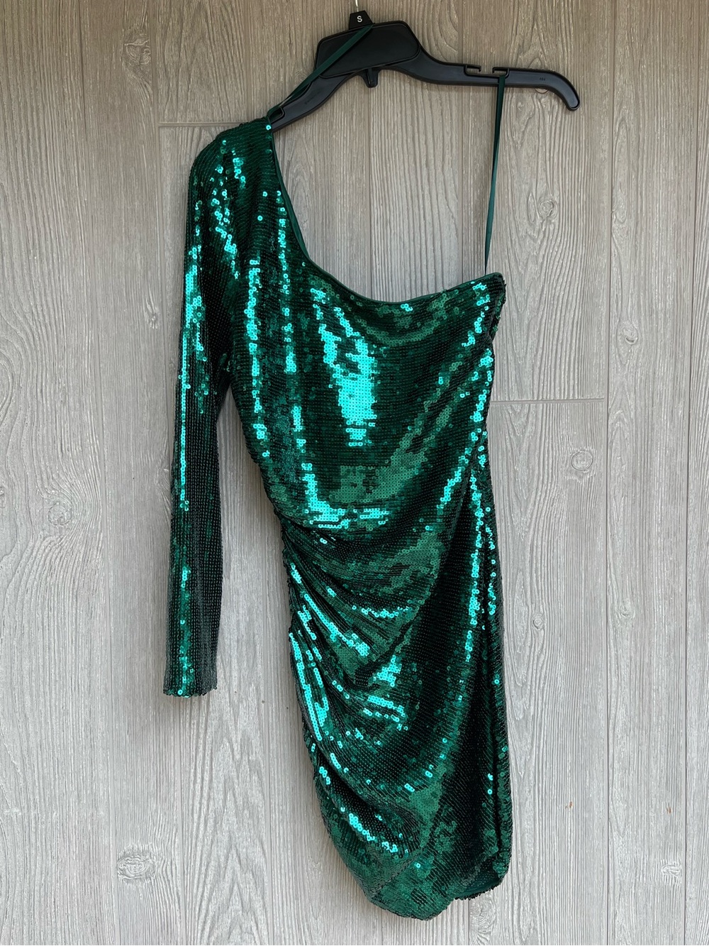 NWT Abbeline Green Sequin One Shoulder Long Sleeve Ruched Mini Dress Size Small